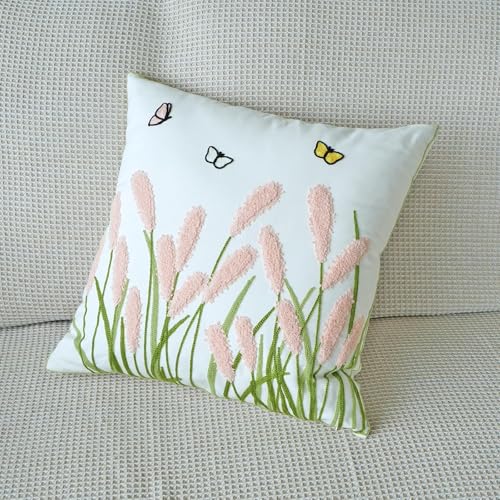 vctops Farmhouse Pampas Grass Cotton Tufted Throw Pillow Cover Boho Embroidery Pillowcase Soft Square Cushion Case for Sofa Couch Bed Chair (Light Pink,18"x18") - color: Light Pink