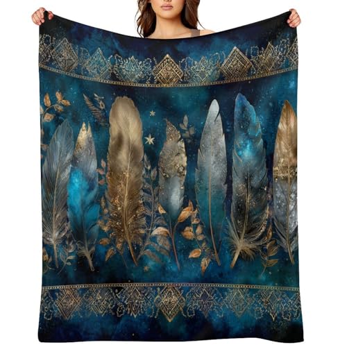 Blanket Bohemian Feather Leaf Blue Throw Blanket for Women Men, 60"x80" Galaxy Star Ornament Plush Flannel Throws, Decor for Bed Couch Bedroom - color: Bohemian Feather Leaf Blue, size: 60"x80"