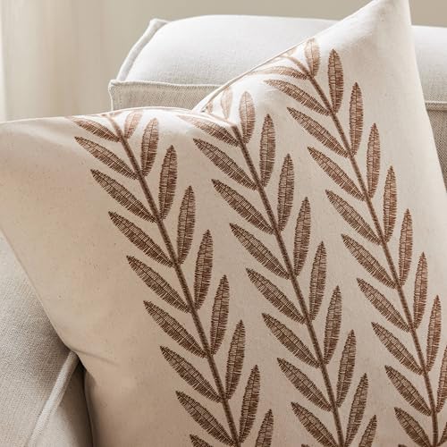 100% Cotton Farmhouse Leaves Throw Pillow Covers Set of 2, 18x18 Inch Caramel Pastoral Decorative Print Cushion Covers for Sofa Bed Living Room Home Decor - color: Caramel, size: 18" x 18" (Pack of 2)