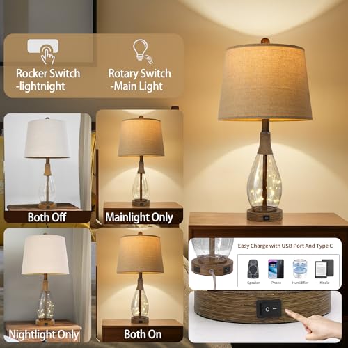 OYEARS 23" USB A+C Table Lamp for Bedroom Living Room Modern Bedside Lamps Retro Farmhouse Rattan Glass Nightstand Nightlight Lamps,Two Light Points - color: Antique Brown