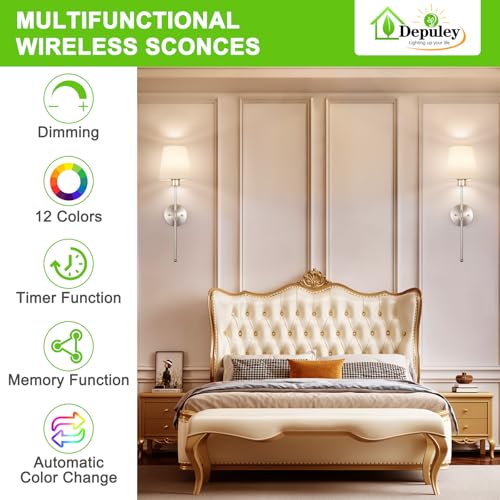 Depuley Battery Operated Wall Sconce: Set of 2 Wireless Wall Lights with Remote for Bedroom - 12 Colors Rechargeable Wall Lamp for Living Room Dining Room Hallway Bathroom Staircases - Nickel 24 Inch - color: Brushed Nickel, size: 24 Inch Set of 2
