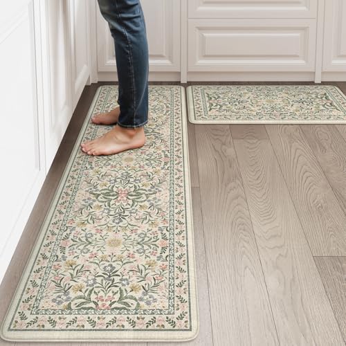 Collive Kitchen Mats for Floor, Cushioned Anti Fatigue Mat Non Skid Waterproof Kitchen Rugs Set of 2, Beige Vintage Comfort Standing Desk Rug for Office, Sink, Laundry, 17"x30"+17"x59" - color: Beige, size: 17.3"x59"+17.3"x29"