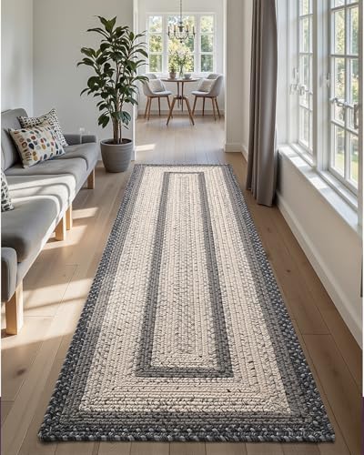 DEXI Woven Hallway Runner Rug, 3x12 Rustic Braided Vintage Carpets, Non Slip Indoor Outdoor Farmhouse Floor Rugs for Entryway, Kitchen, Laundry Room, Black/Ivory - color: Black/Ivory, size: 3' X 12' (Runner)