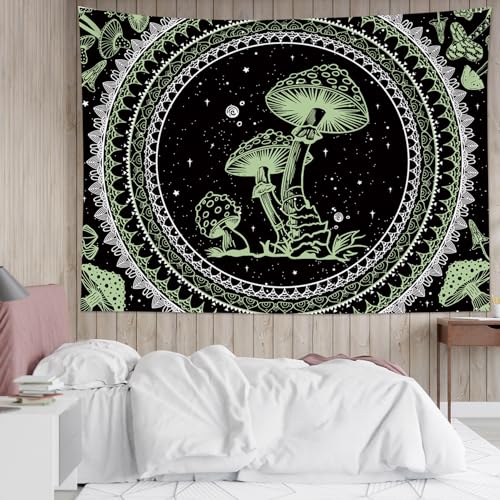 SCECALA Green Mushroom Tapestry Boho Mandala Pattern with Green Mushroom Wall Tapestry Black and White Star Wall Hanging for Bedroom Living Room Teen Dorm Party Home Decor 59x51 Inch - color: Green, size: 51"L x 59"W