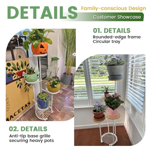 TOSKING 5-Tier Thickened Metal Plant Stand, Anti-Tip Round Base for Pots, Child & Pet Friendly, Corner Shelf Flower Pot for Multiple Plants, Indoor Outdoor Use for Living Room Balcony Patio Garden (White and Wood, 42in) - color: White and Wood, size: 5tie