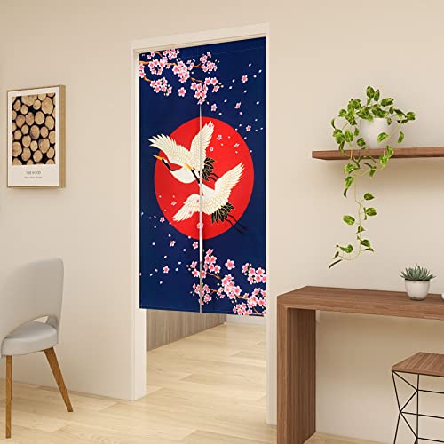 LIGICKY Noren Doorway Curtain Japanese Style White Cranes Red Sun Cherryblossom Printed Cotton Linen Window Treatment Door Tapestry for Home Decoration 33.5" Width x 59" Long - color: Navy Blue, size: 33.5"W x 59"L (Pack of 1)