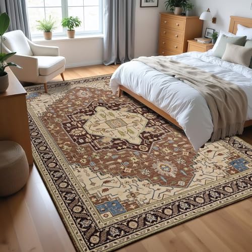 Macgace 4x6 Mousse Brown Area Rug for Living Room, Machine Washable Rugs with Non-Slip Backing for Bedroom, Vintage Medallion Carpet Kitchen Laundry Kids Room Decor - color: Brown & Beige, size: 4' x 6' (Rectangular)