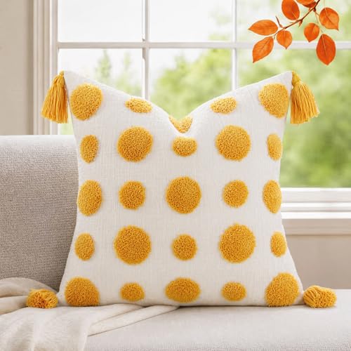 PANOD Super Soft Farmhouse Decorative Plush Throw Pillow Covers 16 x 16 Yellow,Solid Pom pom Tufted with Tassels Modern Accent Boho Square Cushion Cover Pillow Case for Couch Sofa - color: Yellow, size: 16" x 16" (Pack of 1)