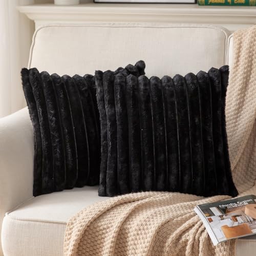 DEELAND Pack of 2,Double-Sided Faux Fur Plush Decorative Throw Pillow Covers Fuzzy Striped Soft Pillowcase Cushion Covers for Sofa Couch Bedroom Black 24x24 inch - color: Black, size: 24" x 24" (Pack of 2)