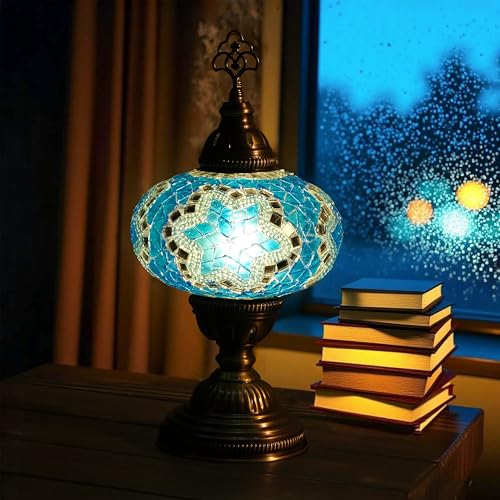 Turkish Mosaic Table Lamp with Bulb – Handmade Turquoise Blue Stained Glass Bedside Light, Authentic Vintage Boho Decor with E12 Socket & US Plug - color: Turquoise Blue