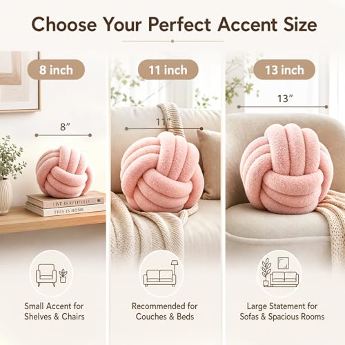 Petrella Pink Knot Ball Pillow, Handmade Soft Lambswool Round Throw Pillow for Sofa, Bed and Cute Home Decor, Large Knotted Accent Cushion, 13 Inch - color: Pink, size: 13inch