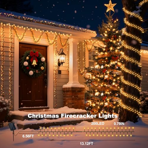 200 LED Solar String Lights for Outside, 20FT Warm White Firecracker Twinkle Lights with 8 Lighting Modes, Waterproof Solar Cluster Fairy Lights for Tree Party Home Patio Garden Christmas Decor - color: Warm White, size: 200LED*1pc-solar