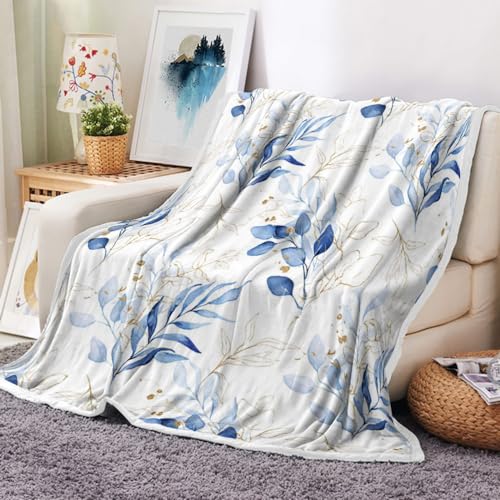 Eucalyptus Leaf Blanket, Botanical Plants Throw Blanket, Soft, Flannel, Warm, Watercolor Floral Throw Blanket Blue Botanical Floral Aesthetic Bed Blanket for Couch Bedroom Living Room 50X60 Inch - color: Blue, size: 50 X 60
