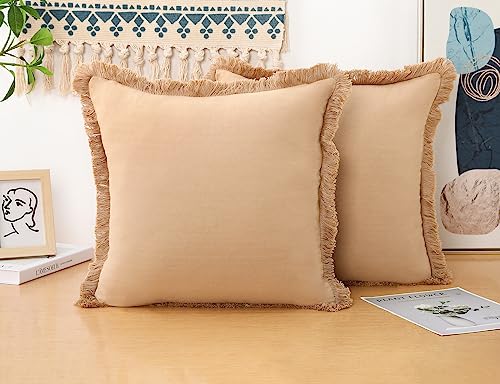 NUYECY Set of 2 Natural Linen Fringed Throw Pillow Covers,Khaki Neutral Decorative Pillowcase with Chic Tassel Burlap Boho Square Cushion Covers for Couch Sofa Farmhouse,20x20 inches - color: Khaki, size: 20" x 20" (Pack of 2)