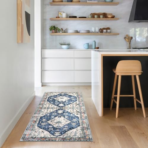 Lahome Felice Boho Tribal Runner Rug - 2x5 Blue Soft Bathroom Rug Runner Laundry Room Mat, Medallion Soft Non Slip Machine Washable Entryway Carpet Runners for Kitchen Sink Bedside Front Door Hallway - color: Blue, size: 2' x 5' (Runner)