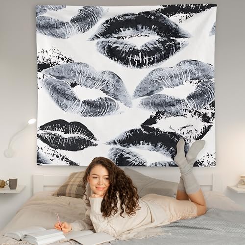 WNAGT Trendy Black and White Kiss Lips Tapestry Wall Hanging, Funky Makeup Wall Decor, Fashion Aesthetic Wall Blanket Decor for Girls Room College Dorm Makeup Room Beauty Room, 50x60 Inch - color: black