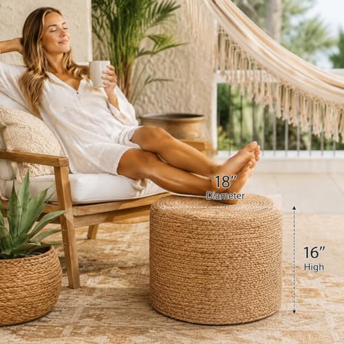Wimarsbon 18'' Ottoman Pouf, Natural Braided Poof, Rustic Handweave Lounge Pouffe, Boho Footrest Stool for Bedroom, Accent Table or Seat for Living Room (Natural-LD) - color: 18inch Natural Water Hyacinth Braid