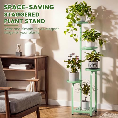 TOSKING 5 Tier Tall Plant Stand Indoor Outdoor,Anti-Tip Plant Stand indoor, Wide Base for Pots, Child and Pet Friendly,Heavy Duty Corner Shelf for Plants & Decor, Space Saving ,Tiered Metal Flower Pot Stand for Balcony, Garden, Living Room, Patio ( Sage G
