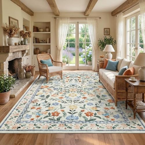 GarveeHome 5x7 Washable Non-Slip Rug, Vintage Floral Area Rug for Living Room, Low Pile Farmhouse Distressed Carpet for Nursery Playroom Dorm Teens Office, Green - color: Green, size: 5' x 7' (Rectangular)