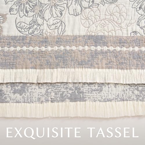 jinchan Boho Floral 100% Cotton Blanket 4-Layer Throw Blanket with Tassel Grey and White Flower Butterfly Soft Luxury Rustic Farmhouse Decor Blanket for Couch Bed 80x90 inch All Season Gift for Women - color: Butterfly Grey and White, size: 80"x90"