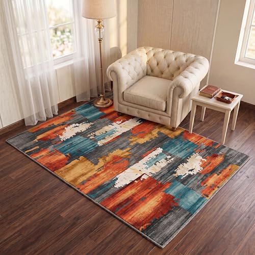 3x5 Area Rug for Living Room,Modern Abstract Burnt Orange Rug,Terracotta and Teal Brushstroke,Washable Rug,Non Slip, for Entryway, Kitchen, Laundry Room, Bathroom - color: Burn Orange, size: 3' x 5' (Rectangular)