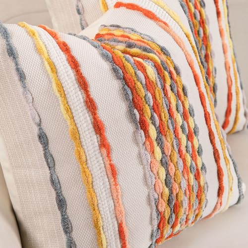 Boho Striped Throw Pillow Covers 18x18 Inch Set of 2 Farmhouse Square Decorative Pillow Covers Chenille Tufted Accent Neutral Pillowcase Yellow Orange Cushion Cover for Couch Sofa Bed - color: Yellow Orange