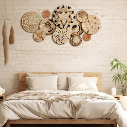 Tatuo 11 Pcs Boho Wall Basket Decor Bulrush Woven Wall Hanging Art Round Farmhouse Rustic Handmade Wicker for Summer Home, Bedroom, Living Room, Kitchen Decorations, Multi Sizes(Artistic) - style: Artistic