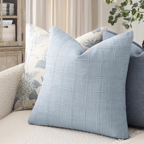 Foindtower Set of 1 Decorative Linen Check Throw Pillow Cover Neutral Farmhouse Vintage Cushion Cover Modern Boho Accent Home Decor for Sofa Chair Couch Bedroom Living Room,16×16 Inch,Sky Blue - color: Sky, size: 16" x 16" (Pack of 1)