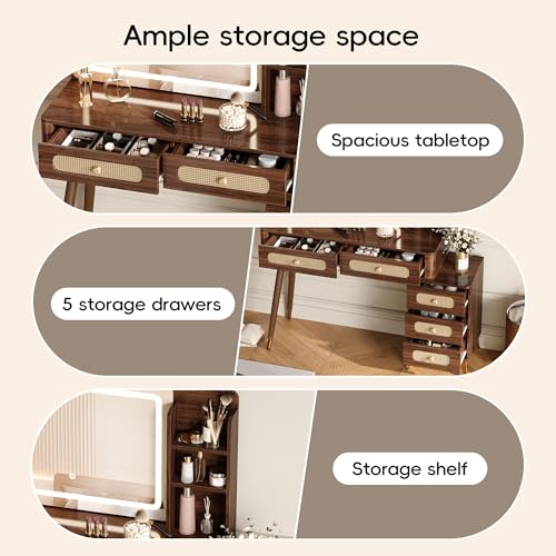 47" Rattan Vanity Table with Mirror and Lights, Brown Makeup Vanity with Storage & 5 Drawers, Boho Vanitys Desk with Shelves for Bedroom, 3 Lighting Modes, Adjustable Brightness (Dark Walnut) - color: Dark Walnut