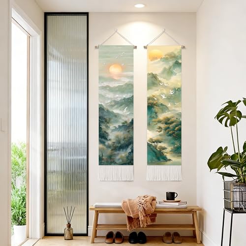 seewan 2 Pack Long Vertical Wall Tapestry, Boho Nature Landscape & Floral Aesthetic Wall Hanging for Bedroom Living Room Home Decor, Long Narrow Art Tapestry with Sunrise Mountain Botanical Designs, 13" × 51" (Mist Mountain Layers, 13"Wx51"H, Unframed) -