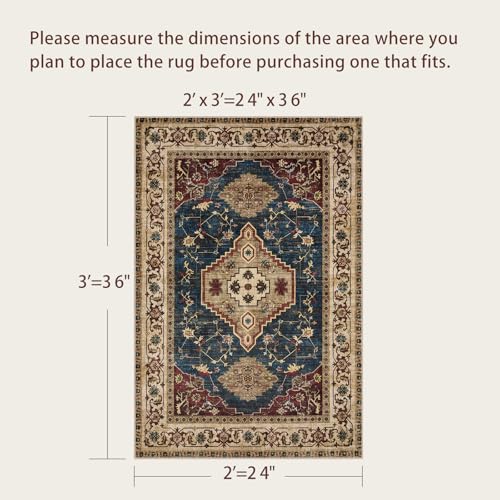 Tangsoo Oriental 2x3 Washable Rugs, Vintage Non Slip Small Area Rug, Indoor Front Door Rug for Entryway, Door Mat Indoor Entrance Soft Low Pile Throw Rugs for Entry Kitchen Bedroom Dark Blue Beige - color: Dark Blue/Beige, size: 2' X 3' (Rectangular)