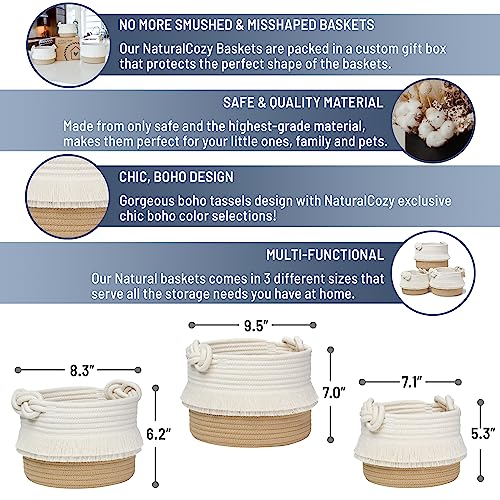 NaturalCozy 3-Piece Decorative Storage Basket Set – Cotton Rope Woven Baskets for Organizing! Small Basket for Nursery Baby Stuff, Gift Basket, Montessori, Dog Toy Bin, Cat Basket, Bathroom Shelves - color: Off White & Tan Brown