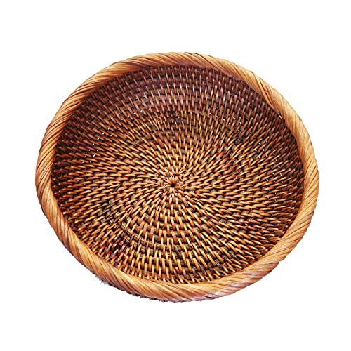 8 Inch Round Rattan Bowl Basket, Handmade Wicker Basket Tray with Scalloped Edge and 3”Deep Wall, Decorative Woven Dark Brown Bread Basket Fruit Bowl Key Holder Table Centerpiece, S - color: S - D7.9 x H2.4 inch