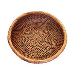 8 Inch Round Rattan Bowl Basket, Handmade Wicker Basket Tray with Scalloped Edge and 3”Deep Wall, Decorative Woven Dark Brown Bread Basket Fruit Bowl Key Holder Table Centerpiece, S - color: S - D7.9 x H2.4 inch
