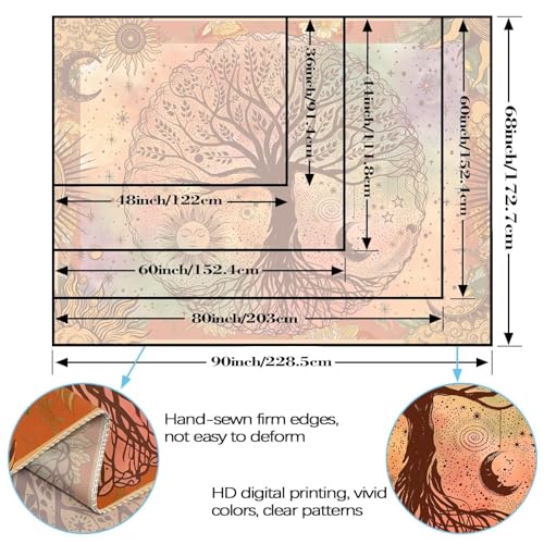 Lifeel Boho Orange Tree of Life Tapestry, Sun Moon Stars Aesthetic Nature Tapestries Home Decor for Living Room Bedroom, 60x80 inches - color: Orange, size: 80"L x 60"W