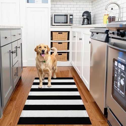 OLANLY Black and White Striped Rug 2' x 3' (24" x 36") – Washable Cotton Indoor Outdoor Doormat for Front Door, Entryway, Kitchen, Porch, Patio Decor - color: Black White Vertical Stripe, size: 2' X 3' (Rectangular)