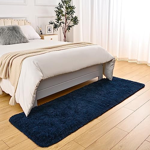 DweIke Fluffy Navy Blue Runner Rugs for Bedroom, 2x6 Feet Soft Plush Long Runners for Girls Boys Kids, Non-Slip and Machine Washable Bedside Rug, Small Throw Carpet for Hallway Rooms Decor - color: Navy Blue, size: 2 Ft X 6 Ft