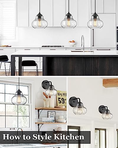 ELYONA 8 Inch Globe Pendant Light Bubble Glass Industrial Kitchen Island Hanging Pendant Light Fxiture Modern Hand Blown Seeded Glass for Farmhouse Dining Room Bar Bedroom Living Room Black - color: Black