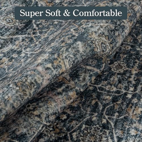 Collive Washable Area Rug 8x10, Vintage Distressed Rugs for Living Room Rugs 8x10 Non Slip Modern Bedroom Carpet Stain Resistant Aesthetic Print Accent Floor Mat for Dining Office - Blue/Grey - color: Blue/Grey, size: 8' x 10' (Rectangular)