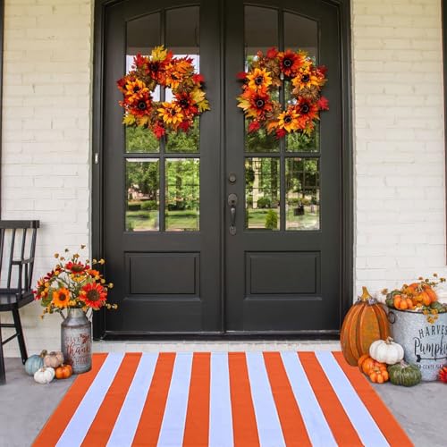 CAINANEL Fall Outdoor Rug Orange and White Striepd Rug 3' x 5' Front Door Mat Halloween Thanksgiving Fall Autumn Home Decor, Layerd Welcome Doormat for Front Porch Decor, Front Door, Farmhouse Decor - color: Orange and White, size: 3' x 5' (Rectangular)
