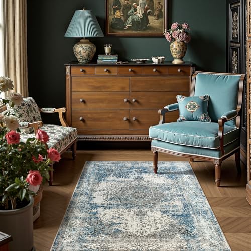 jinchan Area Rug 3x5 Washable Doormat Vintage Distressed Rug Door Mat Indoor Entrance Thin Traditional Gray Floral Lightweight Non Slip Carpet for Kitchen Bedroom Living Room Blue - color: Vintage Blue, size: 3' x 5' (Rectangular)