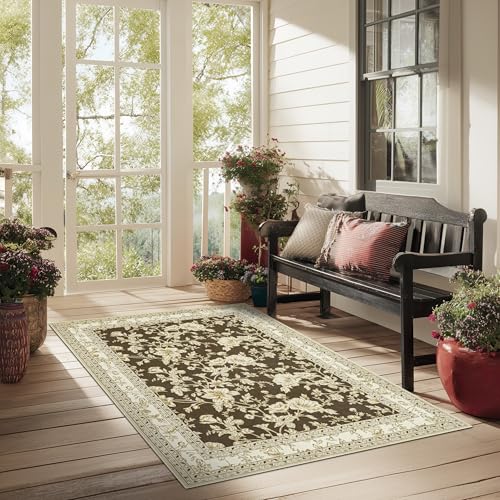 Brown Floral Print Area Rugs for Bedroom Living Room Boho Farmhouse Country Rustic Dining Room Carpet Soft Washable Rugs Non Slip Floor Covering for Nursery Playroom 3x5 - color: Sketch Floral Brown, size: 3' x 5' (Rectangular)