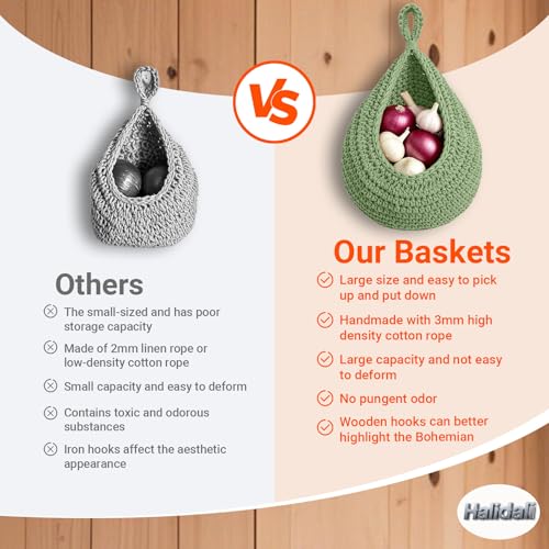 Halidali Hanging Fruit Baskets for Kitchen, 3 Pack Boho Cotton Rope Handwoven Vegetable Storage Wall Mounted Large Organizing Basket for Farmhouse Decor, Onion, Potato, Garlic and Plants (Green) - color: Green