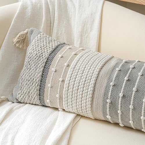 BlissBlush Decorative Lumbar Throw Pillow Cover 12x20 Boho Gray Accent Cushion for Couch Sofa Farmhouse Pillowcase for Bedroom Living Room Home Décor Cover ONLY - color: Gray, size: 20" x 12" (Pack of 1)