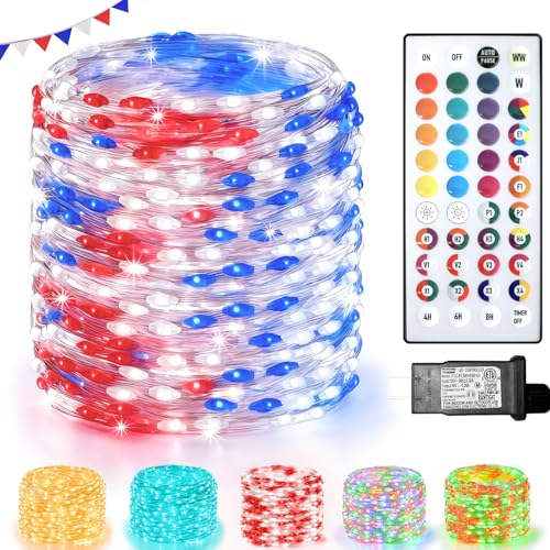 Lovelite 200 LED Fairy Lights Color Changing, 66 FT 35 Colors 4th of July Fairy Lights with Remote, Red White and Blue String Lights for Bedroom Christmas Holiday Wedding Party Indoor Outdoor Decor - size: 200LED/66FT (Adapter)