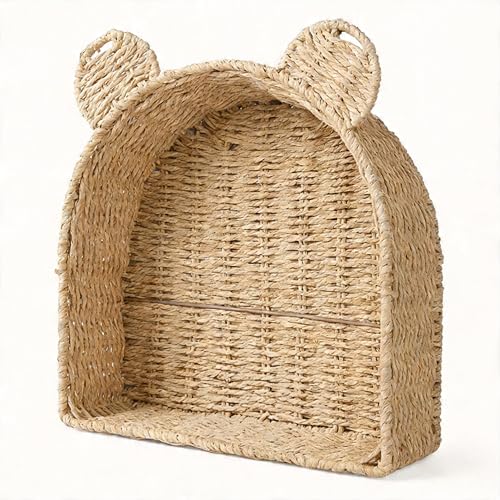 Arched Bear Nursery Wall Shelf, Handwoven Wicker Nursery Shelf for Wall, Wall Mounted Nursery Bookshelf for Small Books, Toys & Décor - color: Beige