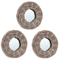Natural Rattan Wicker Wall Mirror 5.9 Inch Diameter Round Set of 3 Indoor Living Room Vanity Makeup Mirror for Entryway Bedroom Salon Decor