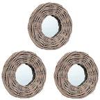 Natural Rattan Wicker Wall Mirror 5.9 Inch Diameter Round Set of 3 Indoor Living Room Vanity Makeup Mirror for Entryway Bedroom Salon Decor