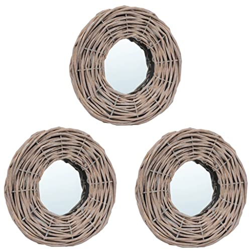 Natural Rattan Wicker Wall Mirror 5.9 Inch Diameter Round Set of 3 Indoor Living Room Vanity Makeup Mirror for Entryway Bedroom Salon Decor