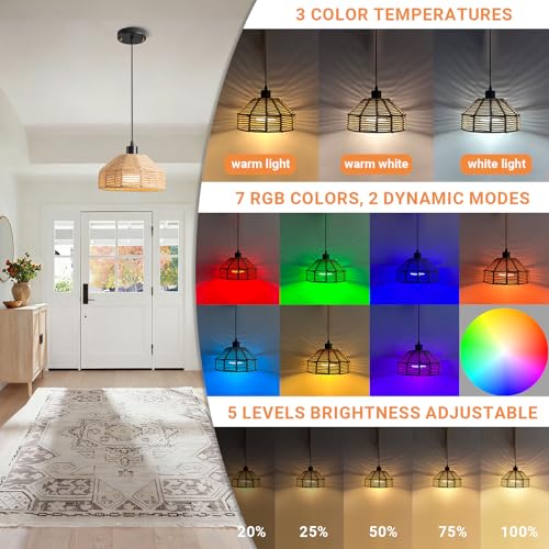 Battery Operated Pendant Light with Remote,Battery Hanging Light Rattan Woven Chandelier No Wiring Needed,Rechargeable Light Bulb 50+Hours Continue Use,Perfect for Kitchen Islands Ceiling Lighting - color: Brown-A